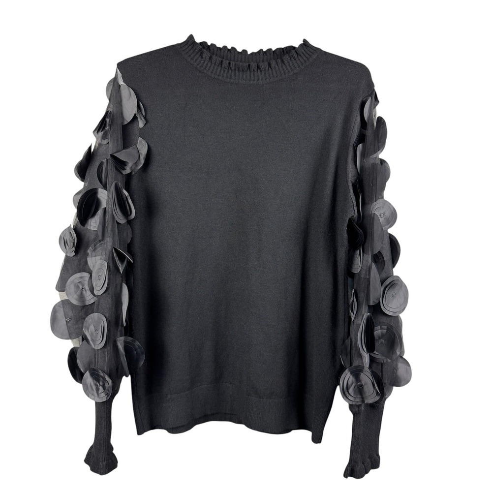 Siani Milano Women's Sweater L Black Knit Ruffle Neck Sheer Statement‎ Sleeves